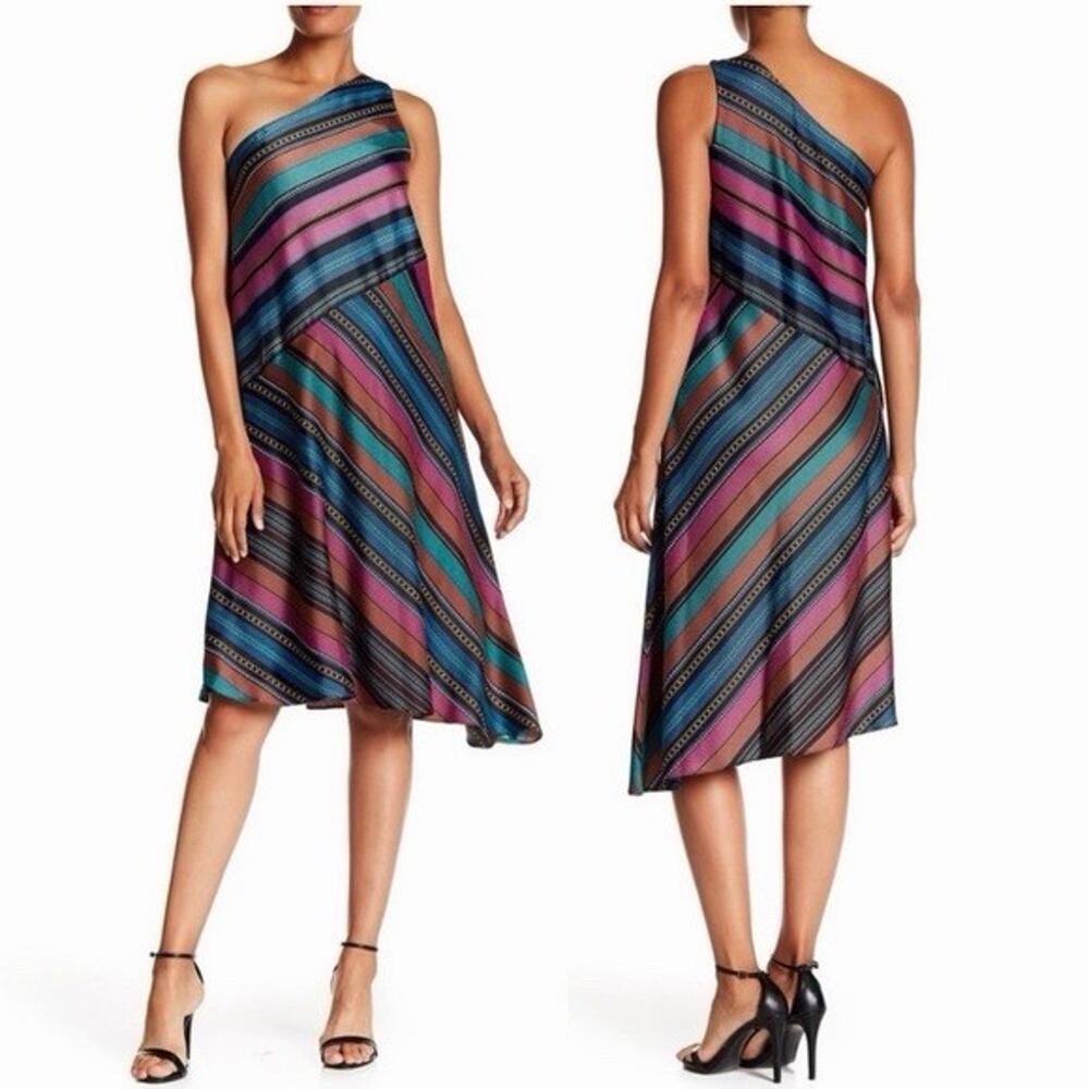 Maggy London One Shoulder Stripe Colorful Satin Asymmetrical Dress Size 14 New
